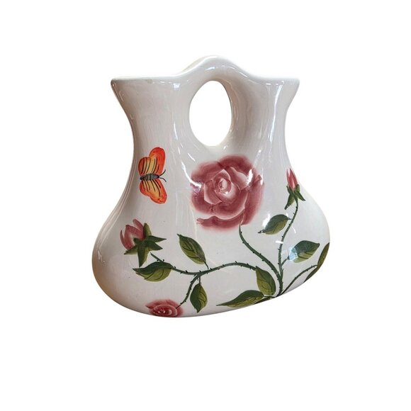 Hand-Painted Ceramic Vase With Roses & Butterfly Design - Picture 3 of 10